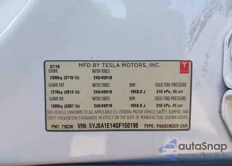 2016 Tesla Model S 60/70/75/85 from USA, damaged, VIN 5YJSA1E14GF150198